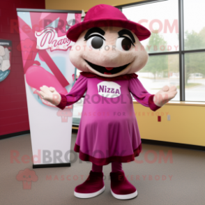 Magenta Pizza mascot costume character dressed with a Mini Dress and Hat pins