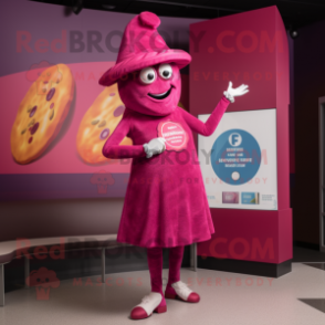 Magenta Pizza mascot costume character dressed with a Mini Dress and Hat pins