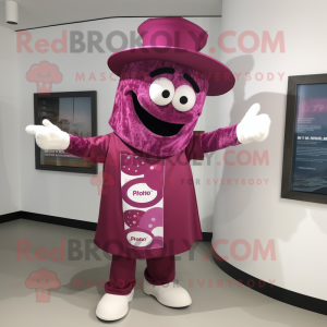 Magenta Pizza mascot costume character dressed with a Mini Dress and Hat pins