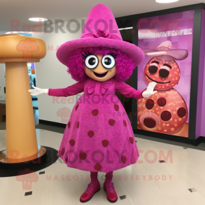 Magenta Pizza mascot costume character dressed with a Mini Dress and Hat pins