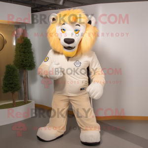 Cream Lion mascot costume character dressed with a Vest and Shoe laces