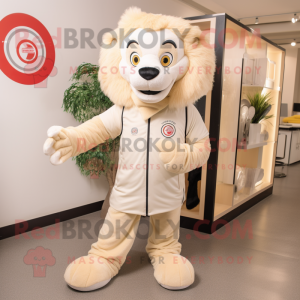 Cream Lion mascot costume character dressed with a Vest and Shoe laces