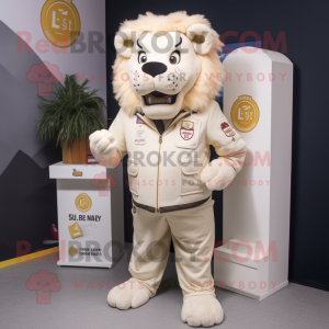 Cream Lion mascot costume character dressed with a Vest and Shoe laces