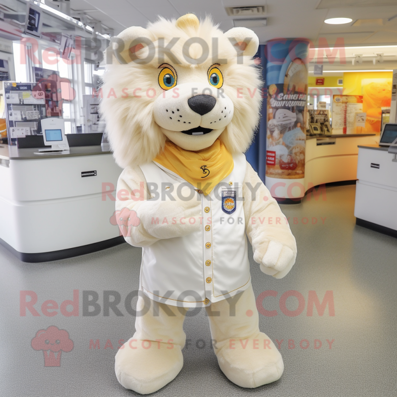 Cream Lion mascot costume character dressed with a Vest and Shoe laces Cream Lion mascot costume character dressed with a Vest and Shoe laces