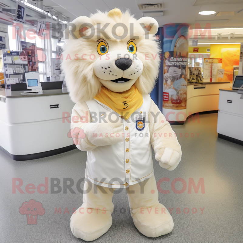 Cream Lion mascot costume character dressed with a Vest and Shoe laces