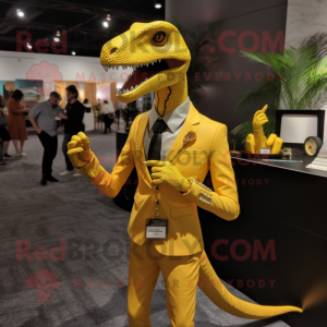 Yellow Coelophysis mascot costume character dressed with a Suit Pants and Necklaces
