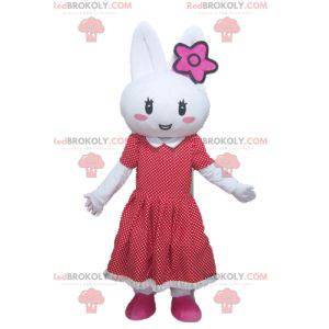 Biały królik maskotka z czerwoną sukienką w kropki -