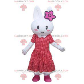 Mascotte coniglio bianco con un vestito rosso a pois -