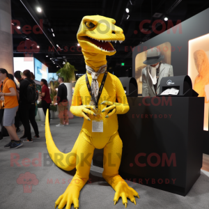 Yellow Coelophysis mascot costume character dressed with a Suit Pants and Necklaces