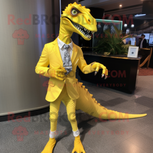 Yellow Coelophysis mascot costume character dressed with a Suit Pants and Necklaces