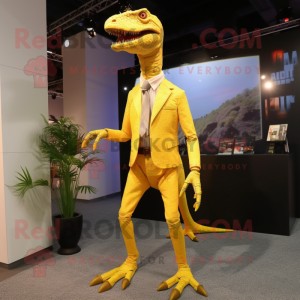 Yellow Coelophysis mascot costume character dressed with a Suit Pants and Necklaces