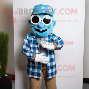 Blue Doctor mascot costume character dressed with a Flannel Shirt and Bracelet watches