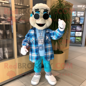 Blue Doctor mascot costume character dressed with a Flannel Shirt and Bracelet watches