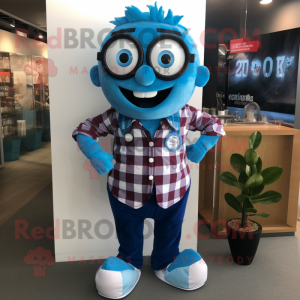 Blue Doctor mascot costume character dressed with a Flannel Shirt and Bracelet watches