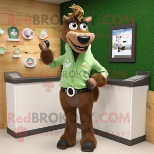 Olive Mare mascot costume character dressed with a Jacket and Digital watches