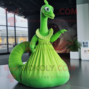 Lime Green Diplodocus mascot costume character dressed with a Empire Waist Dress and Anklets
