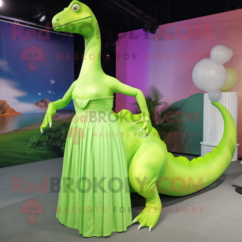 Lime Green Diplodocus mascot costume character dressed with a Empire Waist Dress and Anklets