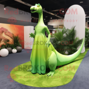 Lime Green Diplodocus mascot costume character dressed with a Empire Waist Dress and Anklets