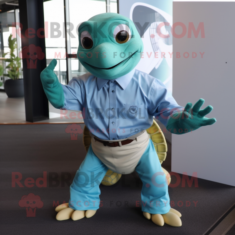 Cyan Turtle mascot costume character dressed with a Button-Up Shirt and Cufflinks