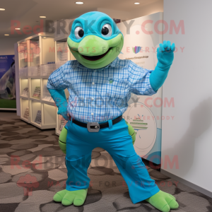 Cyan Turtle mascot costume character dressed with a Button-Up Shirt and Cufflinks