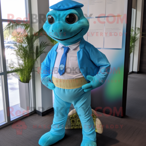 Cyan Turtle mascot costume character dressed with a Button-Up Shirt and Cufflinks