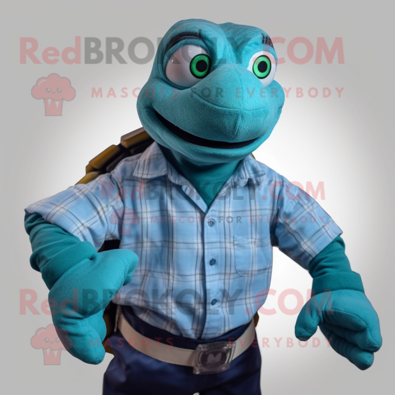 Cyan Turtle mascot costume character dressed with a Button-Up Shirt and Cufflinks