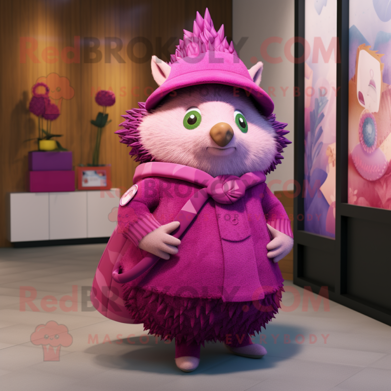 Magenta Hedgehog mascot costume character dressed with a Wrap Dress and Hats