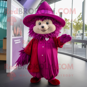 Magenta Hedgehog mascot costume character dressed with a Wrap Dress and Hats