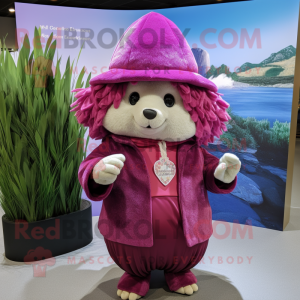 Magenta Hedgehog mascot costume character dressed with a Wrap Dress and Hats