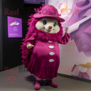 Magenta Hedgehog mascot costume character dressed with a Wrap Dress and Hats