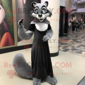 Gray Skunk mascot costume character dressed with a Evening Gown and Eyeglasses