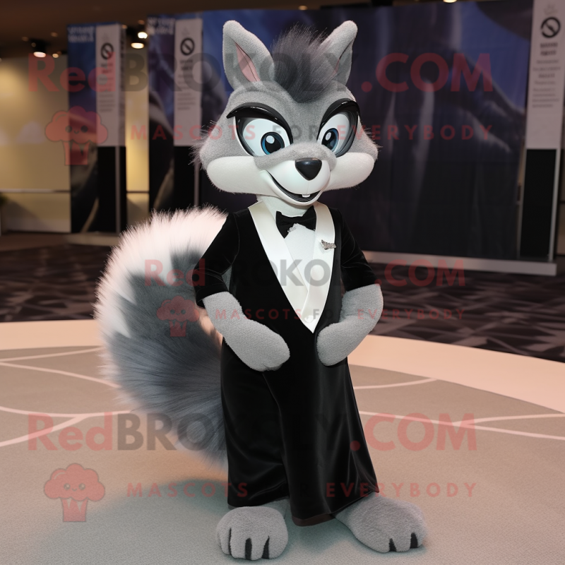 Gray Skunk mascot costume character dressed with a Evening Gown and Eyeglasses Gray Skunk mascot costume character dressed with a Evening Gown and Eyeglasses
