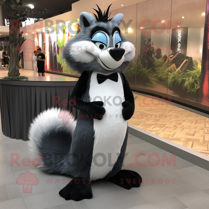 Gray Skunk mascot costume character dressed with a Evening Gown and Eyeglasses Gray Skunk mascot costume character dressed with a Evening Gown and Eyeglasses