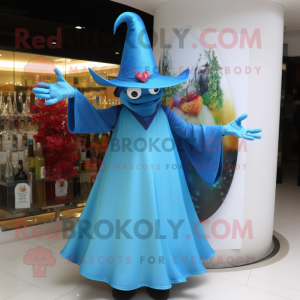 Sky Blue Witch'S Hat mascot costume character dressed with a Cocktail Dress and Gloves