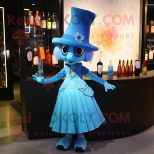 Sky Blue Witch'S Hat mascot costume character dressed with a Cocktail Dress and Gloves