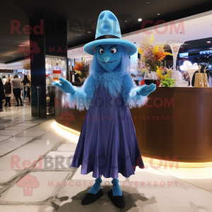 Sky Blue Witch'S Hat mascot costume character dressed with a Cocktail Dress and Gloves