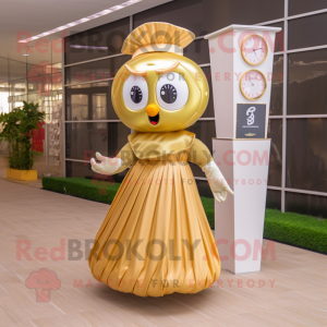 Gold Hourglass mascot costume character dressed with a Pleated Skirt and Headbands