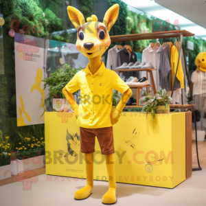 Lemon Yellow Roe Deer mascot costume character dressed with a Poplin Shirt and Shoe laces