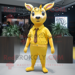 Lemon Yellow Roe Deer mascot costume character dressed with a Poplin Shirt and Shoe laces