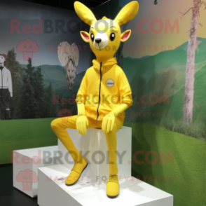 Lemon Yellow Roe Deer mascot costume character dressed with a Poplin Shirt and Shoe laces