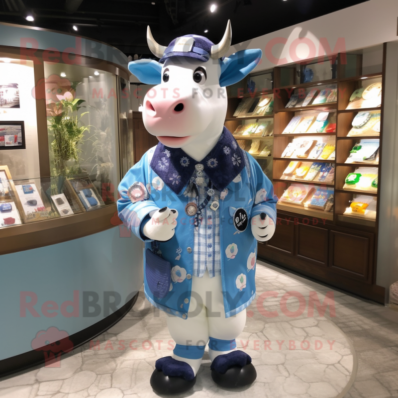 Blue Cow mascot costume character dressed with a Button-Up Shirt and Coin purses