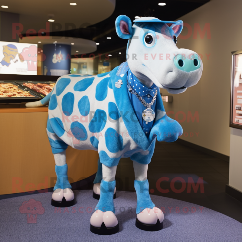 Blue Cow mascot costume character dressed with a Button-Up Shirt and Coin purses