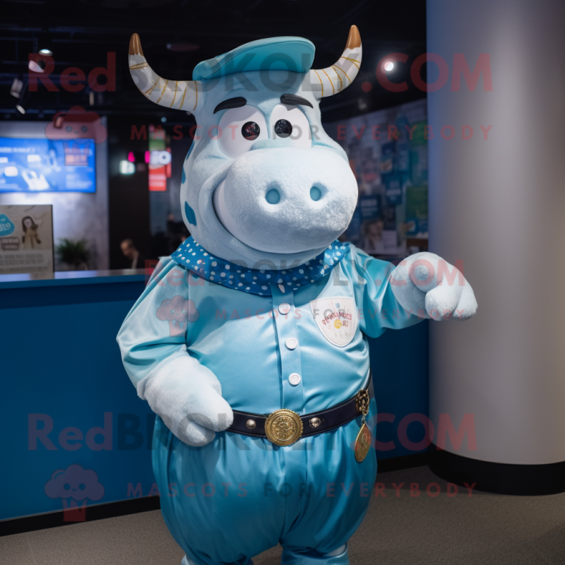 Blue Cow mascot costume character dressed with a Button-Up Shirt and Coin purses Blue Cow mascot costume character dressed with a Button-Up Shirt and Coin purses