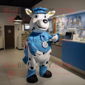 Blue Cow mascot costume character dressed with a Button-Up Shirt and Coin purses