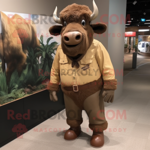 Tan Buffalo mascot costume character dressed with a Mom Jeans and Shoe laces