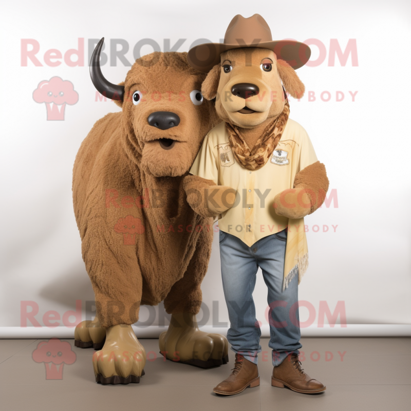 Tan Buffalo mascot costume character dressed with a Mom Jeans and Shoe laces Tan Buffalo mascot costume character dressed with a Mom Jeans and Shoe laces