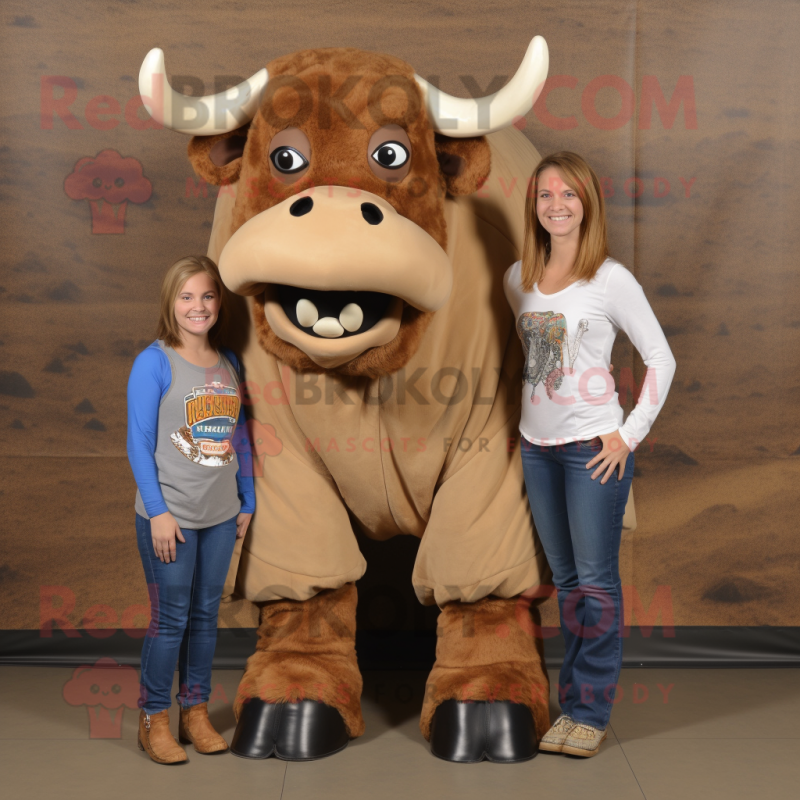 Tan Buffalo mascot costume character dressed with a Mom Jeans and Shoe laces Tan Buffalo mascot costume character dressed with a Mom Jeans and Shoe laces