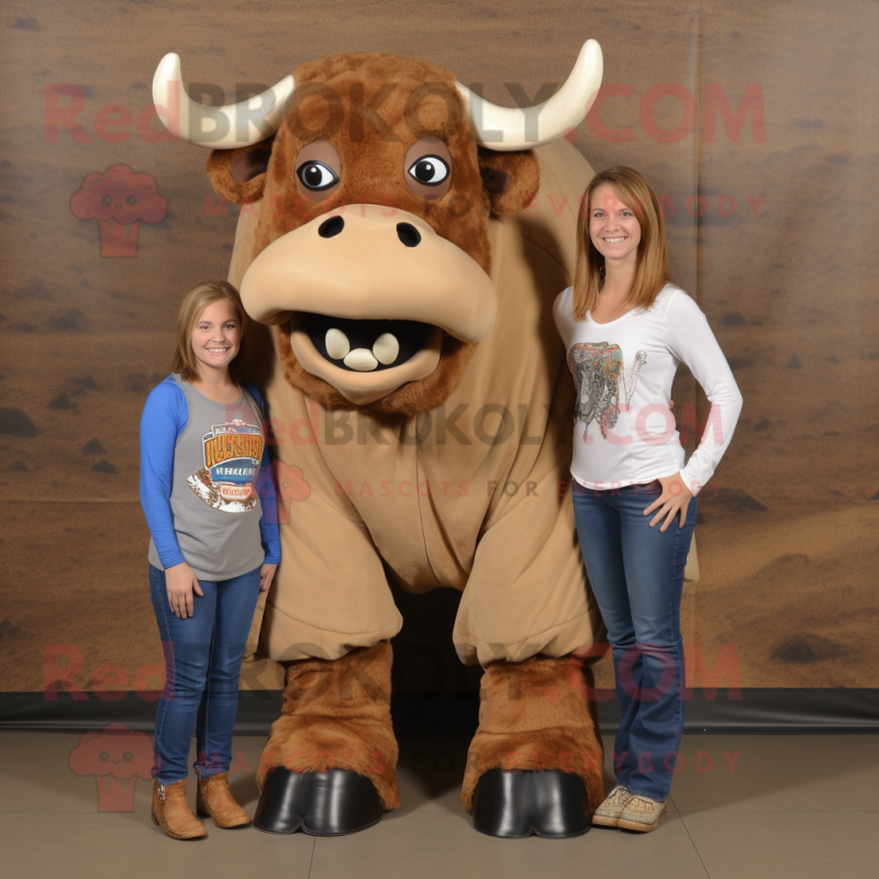 Tan Buffalo mascot costume character dressed with a Mom Jeans and Shoe laces