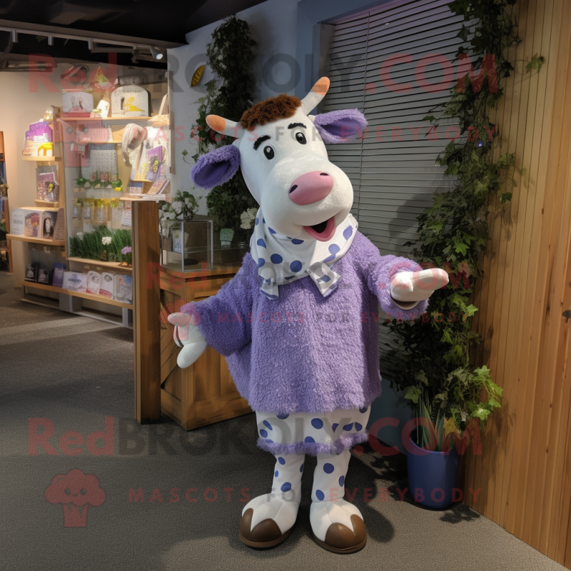 Lavender Holstein Cow mascot costume character dressed with a Cardigan and Anklets Lavender Holstein Cow mascot costume character dressed with a Cardigan and Anklets