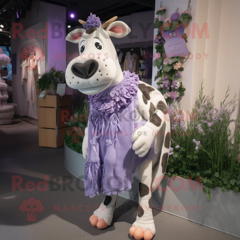 Lavender Holstein Cow mascot costume character dressed with a Cardigan and Anklets Lavender Holstein Cow mascot costume character dressed with a Cardigan and Anklets